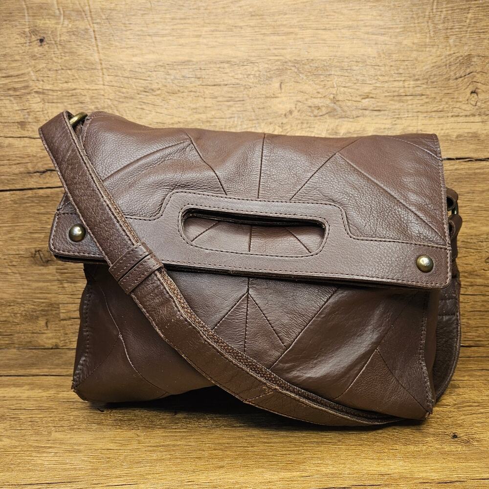 Lucky Brand Brown Leather Fold Over Crossbody Purse 12 in x 9in